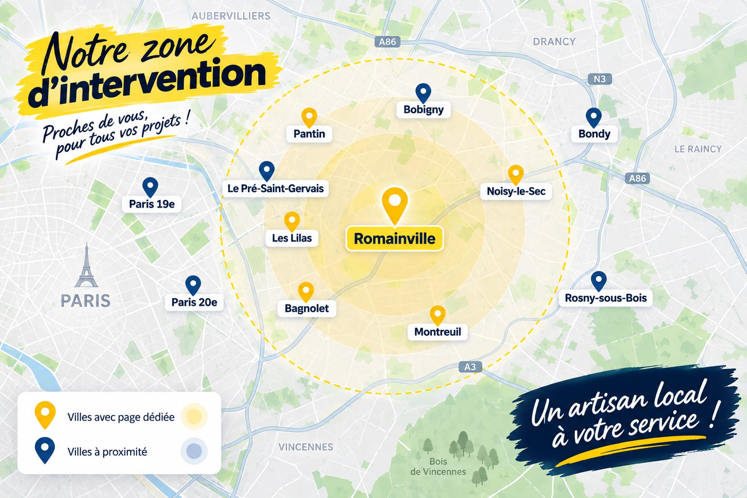 Carte de la zone d’intervention : Romainville au centre d’un cercle jaune couvrant Pantin, Les Lilas, Bagnolet, Montreuil et Noisy-le-Sec (villes avec page dédiée). À proximité : Bobigny, Bondy, Rosny-sous-Bois, Le Pré-Saint-Gervais, Paris 19e et 20e.