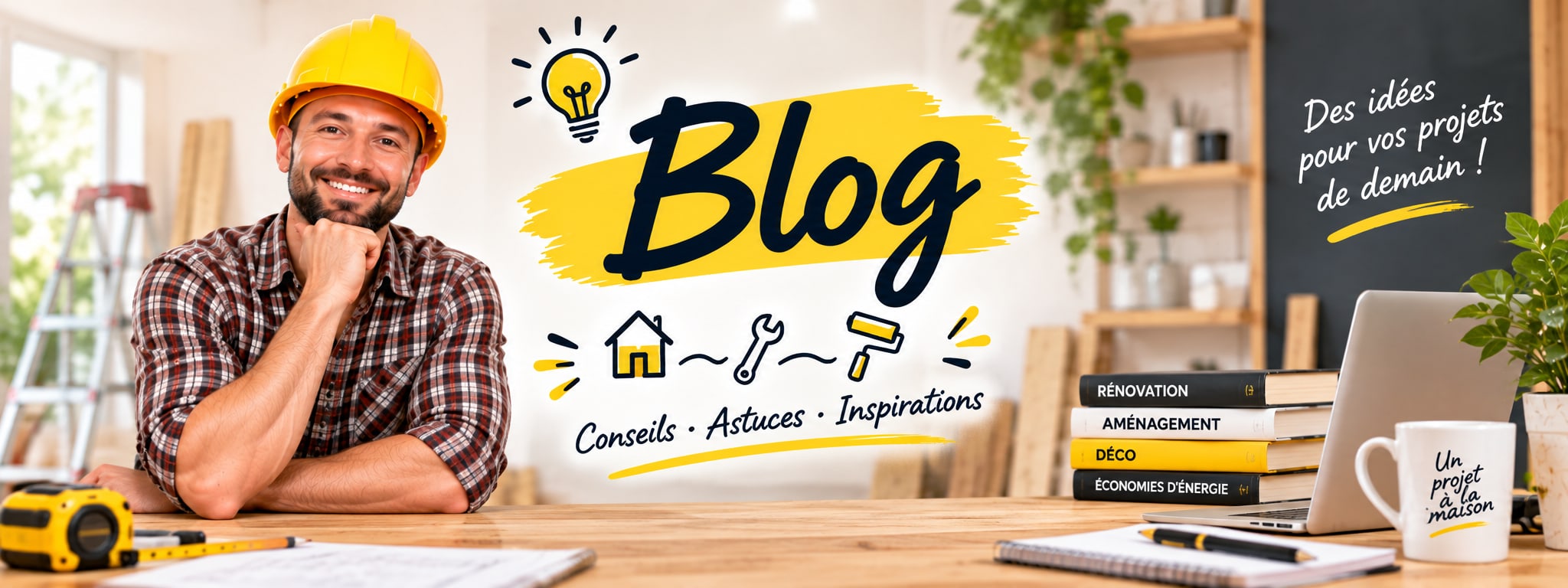 Blog : conseils, astuces, inspirations. Des idées pour vos projets de demain. Un artisan souriant en casque jaune, accoudé à un établi avec des livres sur la rénovation et un carnet.