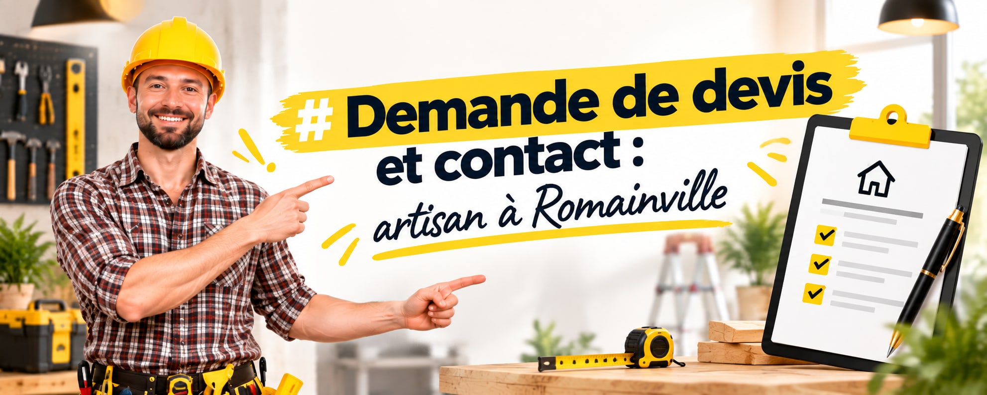 Demande de devis et contact : artisan à Romainville. Un artisan souriant en casque jaune montre un bloc-notes avec une liste cochée.