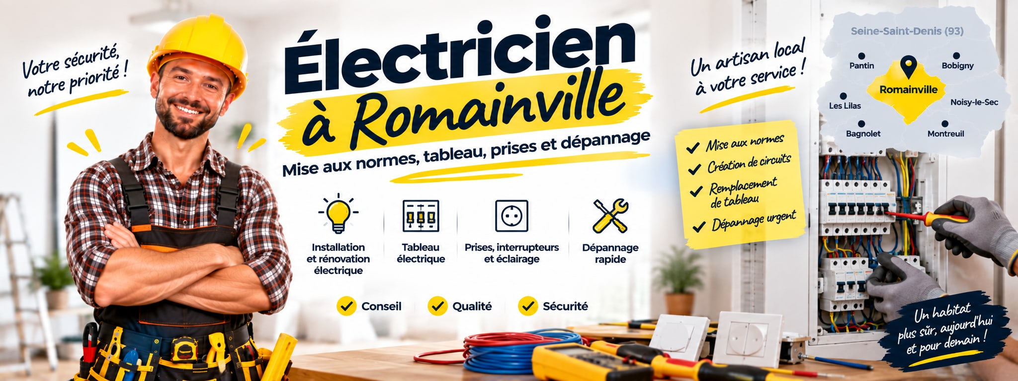 Électricien à Romainville : mise aux normes, tableau, prises et dépannage. Installation d’un tableau électrique.