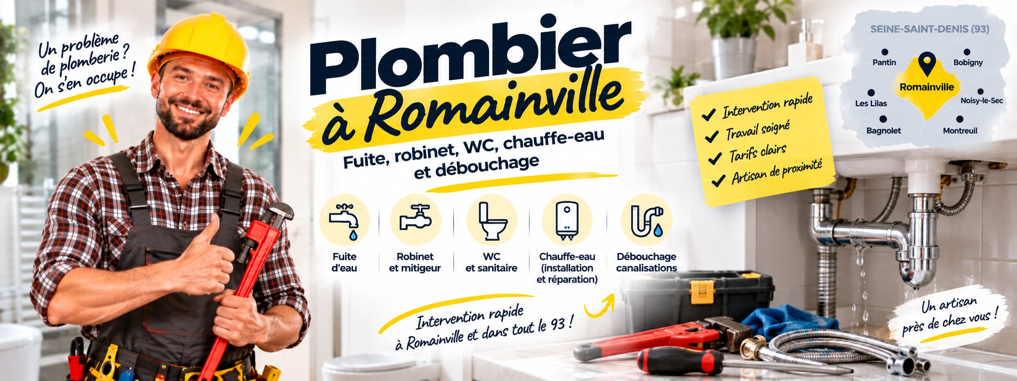 Plombier à Romainville : fuite, robinet, WC, chauffe-eau et débouchage. Remplacement d’un robinet de cuisine.