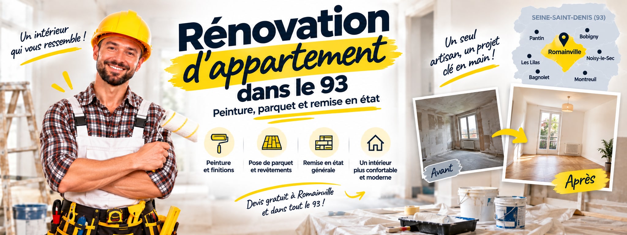 Rénovation d’appartement dans le 93 : peinture, parquet et remise en état. Pièce en cours de rénovation.