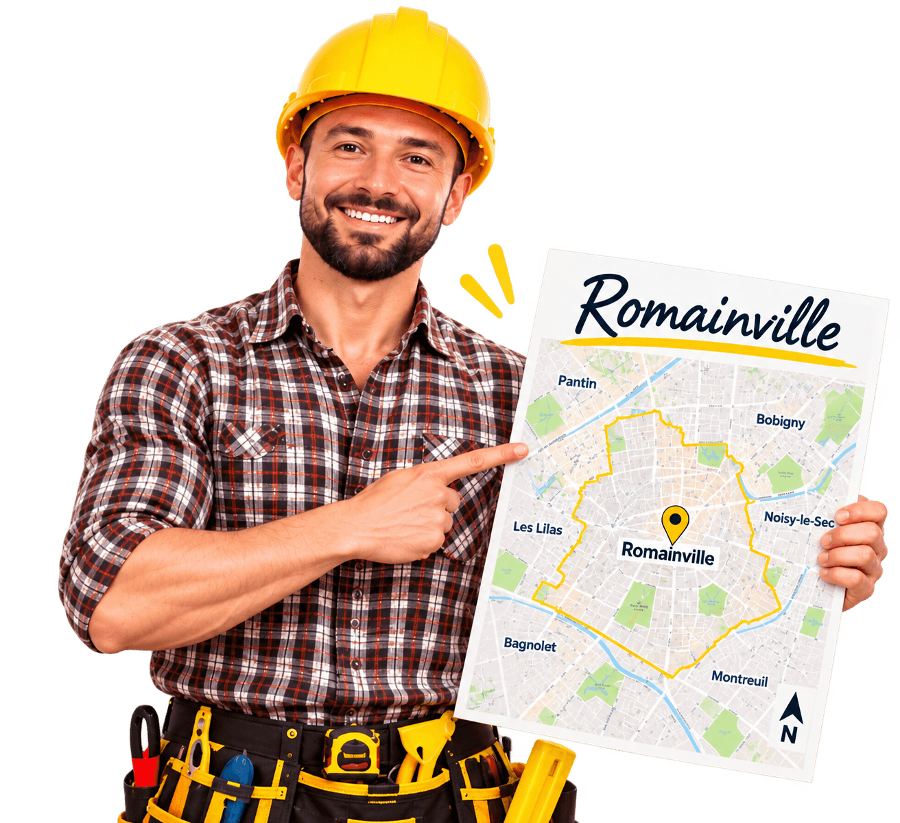 Artisan souriant en casque jaune montrant du doigt une carte de Romainville et des villes voisines : Pantin, Bobigny, Les Lilas, Noisy-le-Sec, Bagnolet, Montreuil